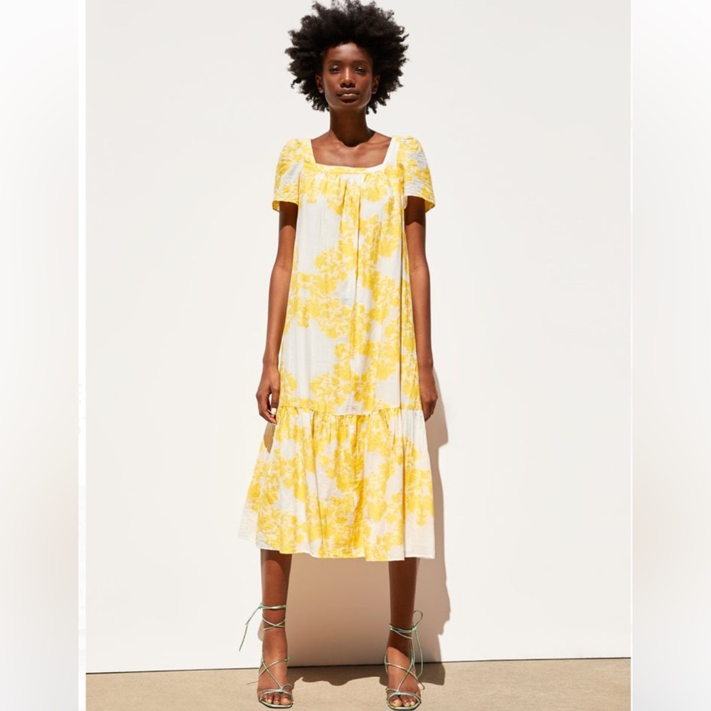 Zara Yellow/Cream Jacquard Gauze Midi Dress w/ Ruffle